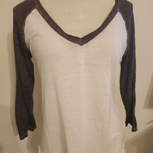 Express V-Neck Long Sleeve Top - White and Dark Grey